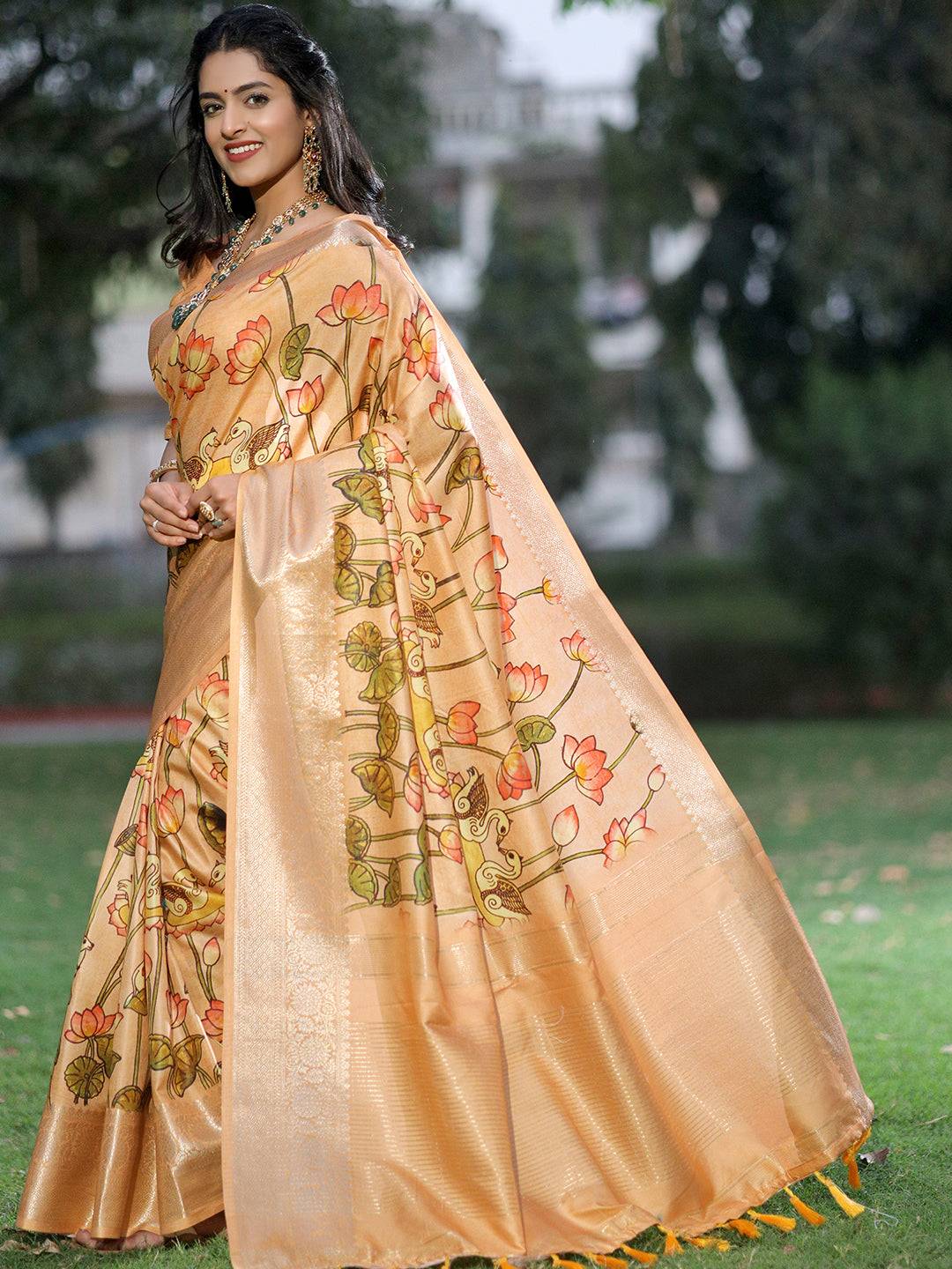 Peach Pure Viscose Dola Silk Saree With Pichwai And Mughal Print - Luxe by My Store