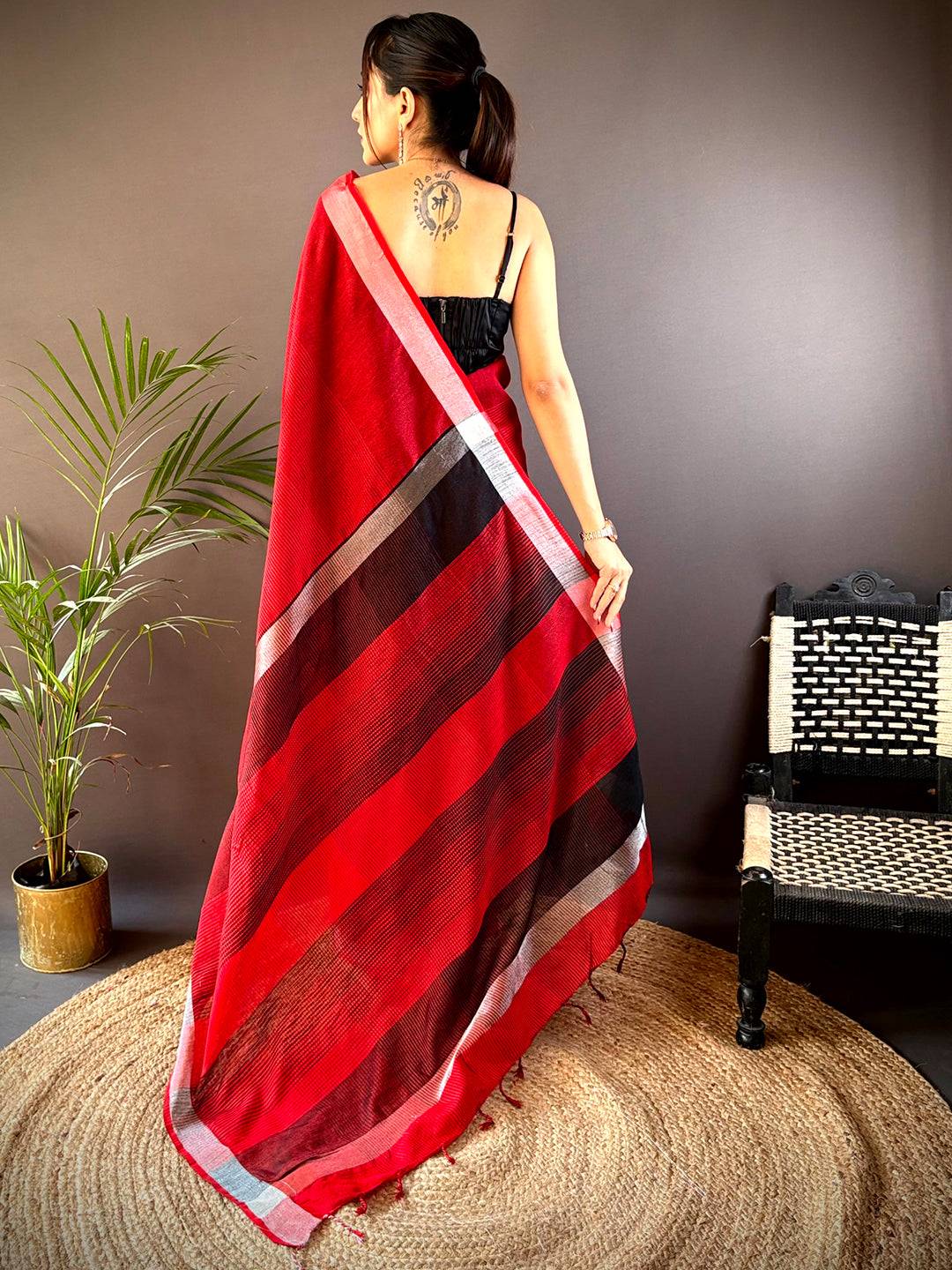 Red Stylish Linen Saree With Zari Border by My Store