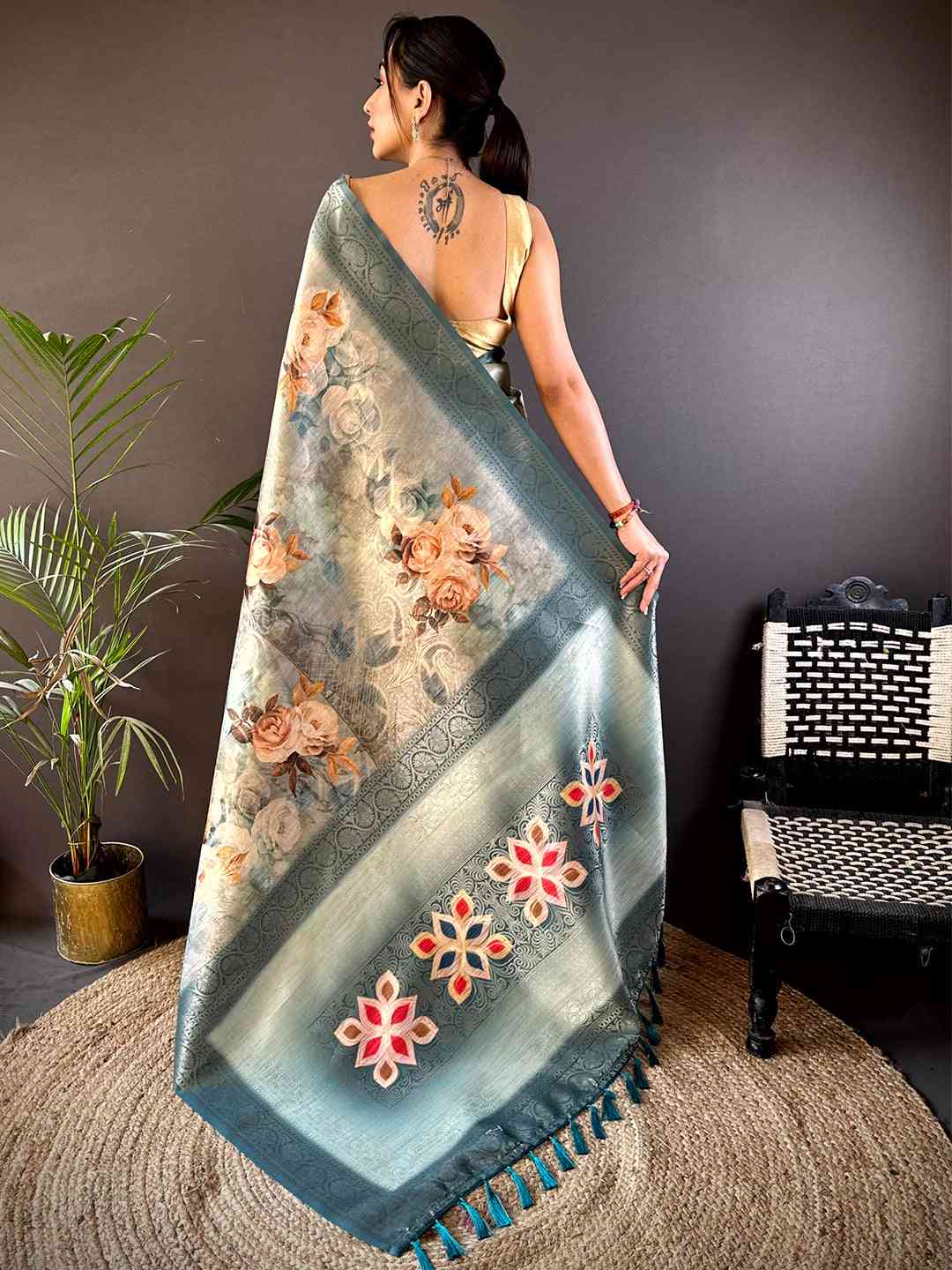 Blue Slub Ghicha Zari Pallu Saree