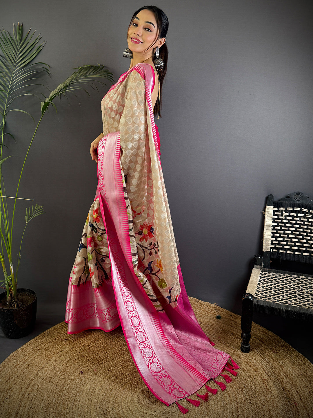 Elegant Cream Kora Tissue Saree by My Store