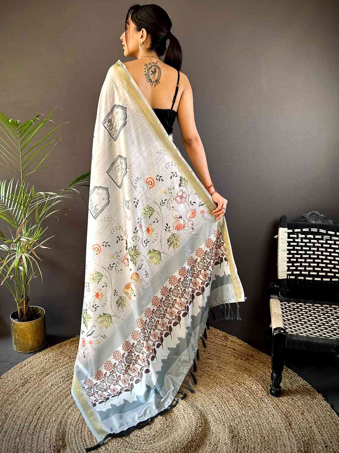 Hippie Blue Forest Phulkari Kalamkari Print Saree by My Store