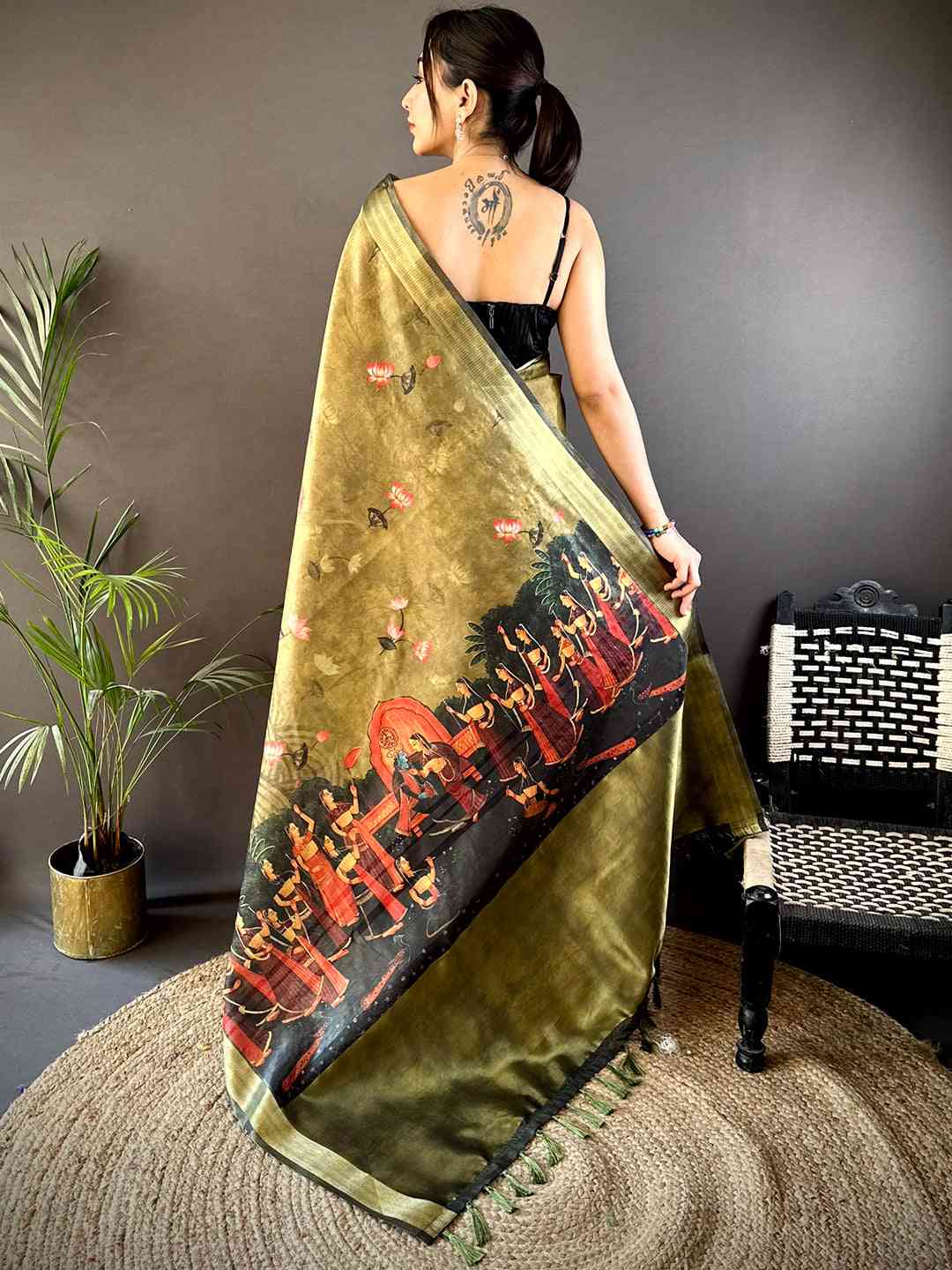 Olive Soft Silk Tissue Pichwai Print Saree by My Store