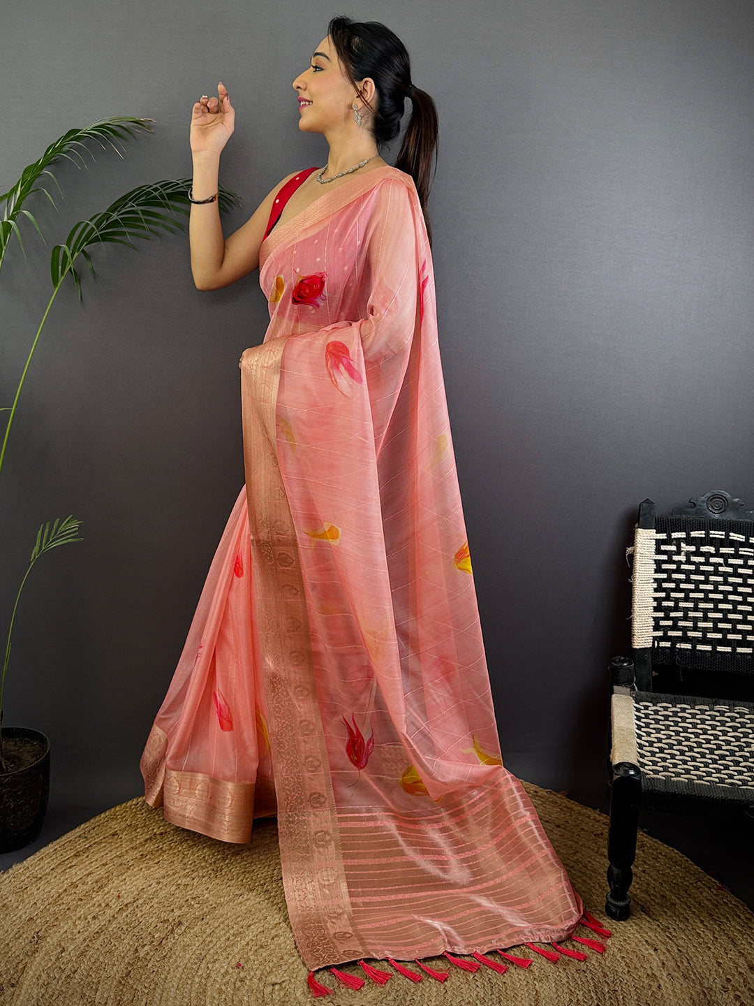 Blush Pink Soft Organza Digital Print Saree by My Store