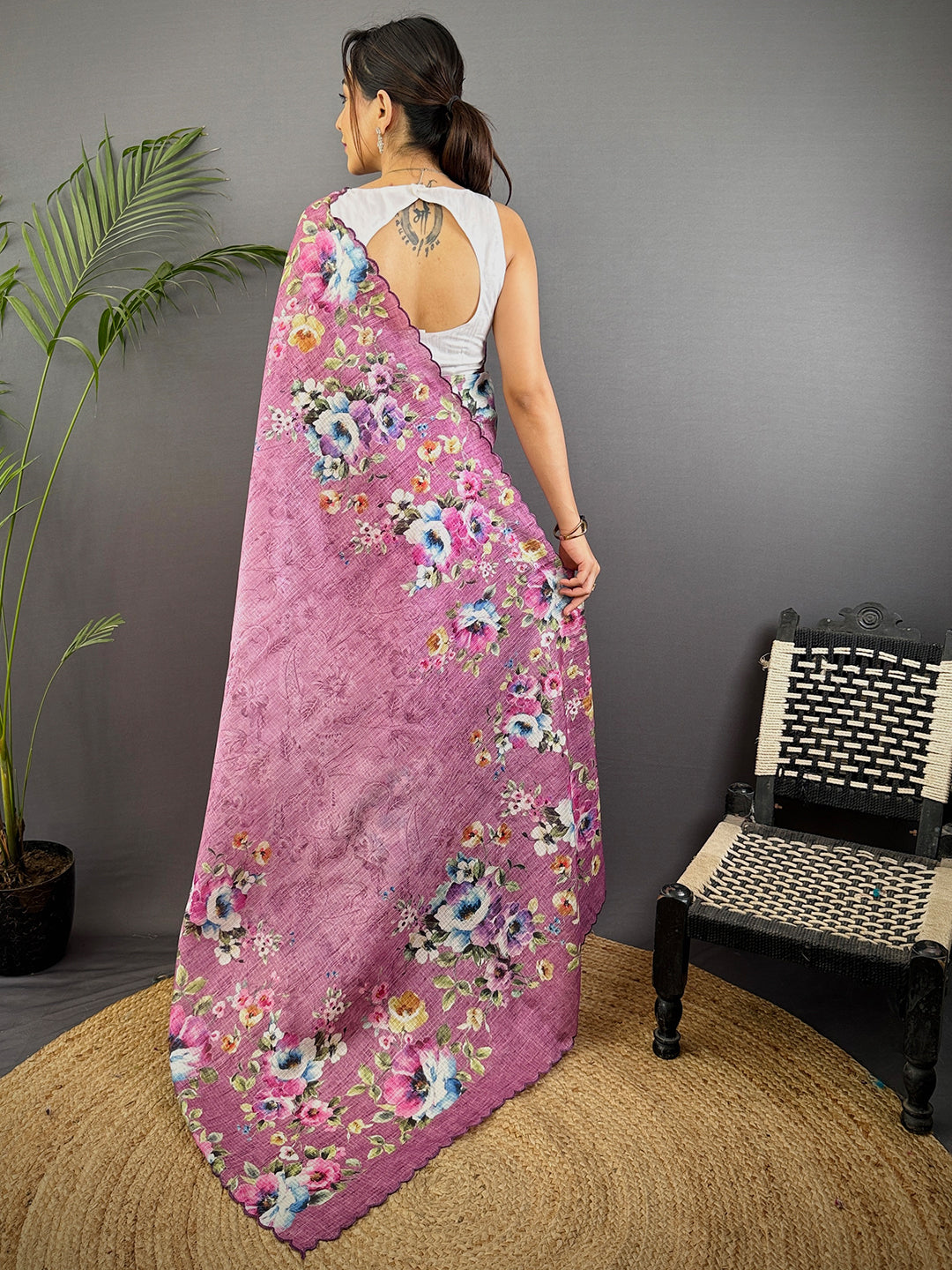 Dusty Rose Floral Cut Work Kota Saree by My Store