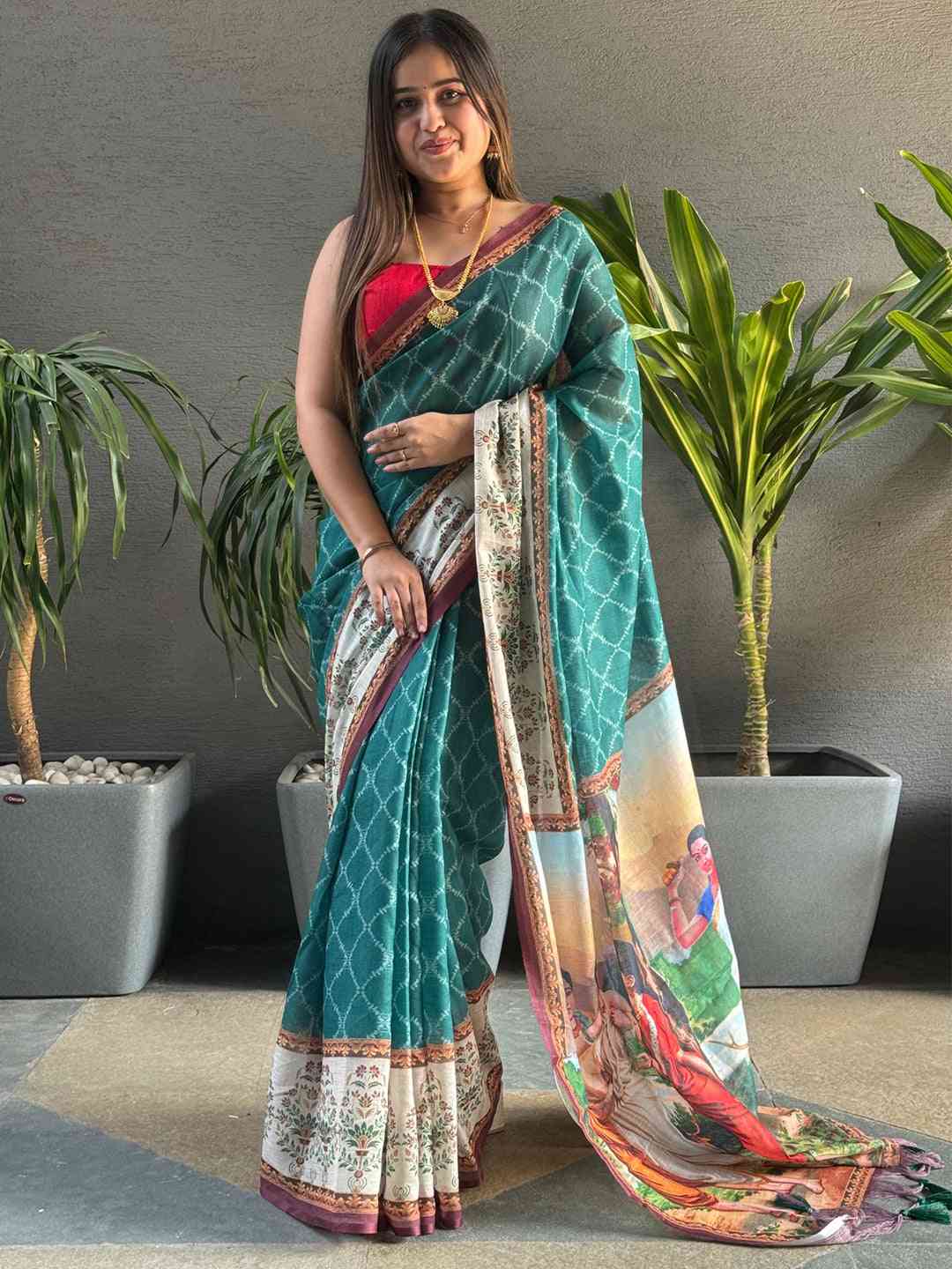Teal Colour Ikkat Print Saree With kalamkari Block Print Design by My Store