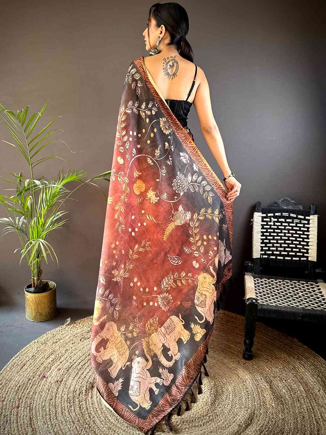 Red Kalamkari Block Print Chanderi Saree by My Store