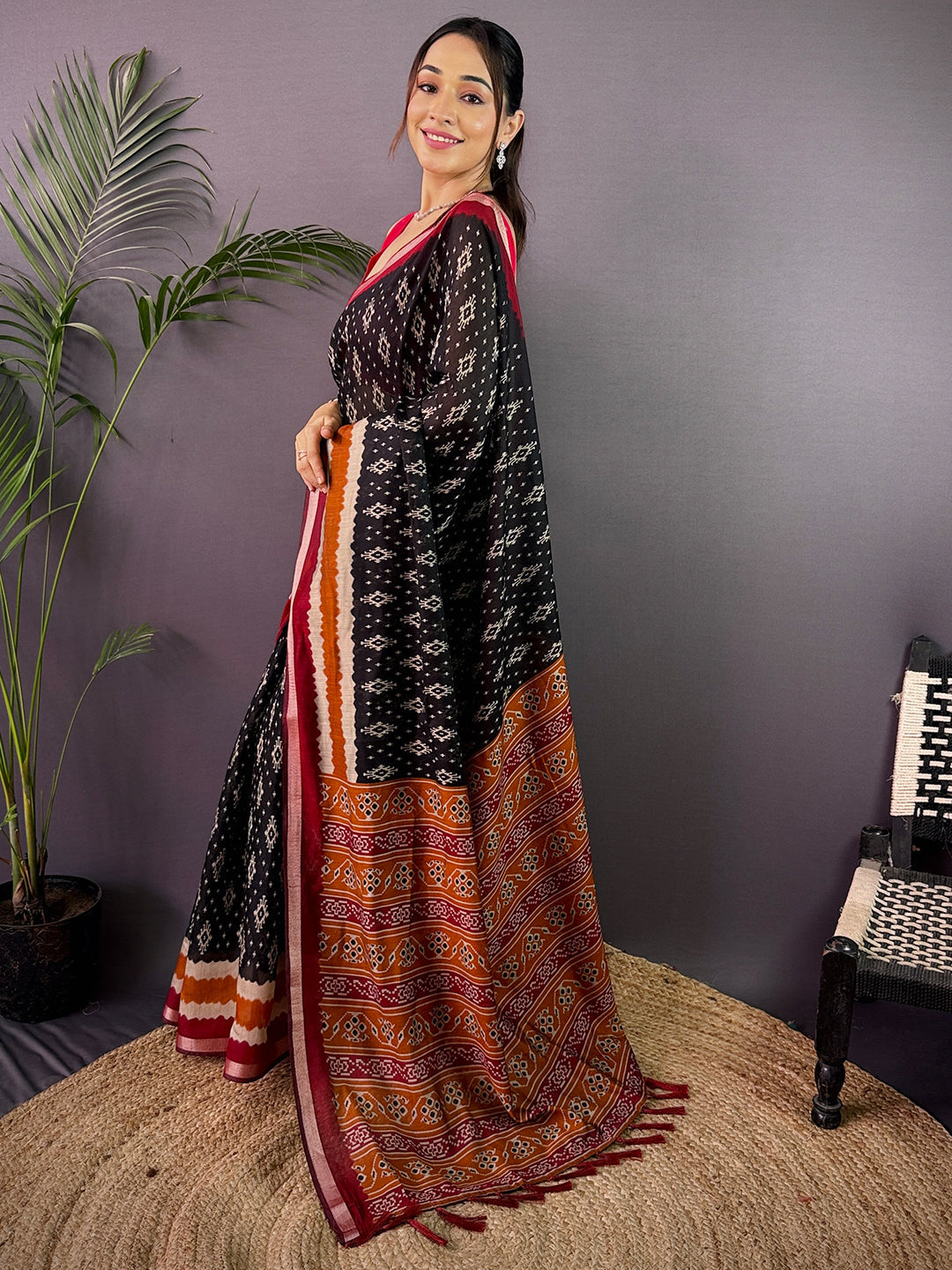 Black Pure Cotton Viscose Ikkat Print Saree