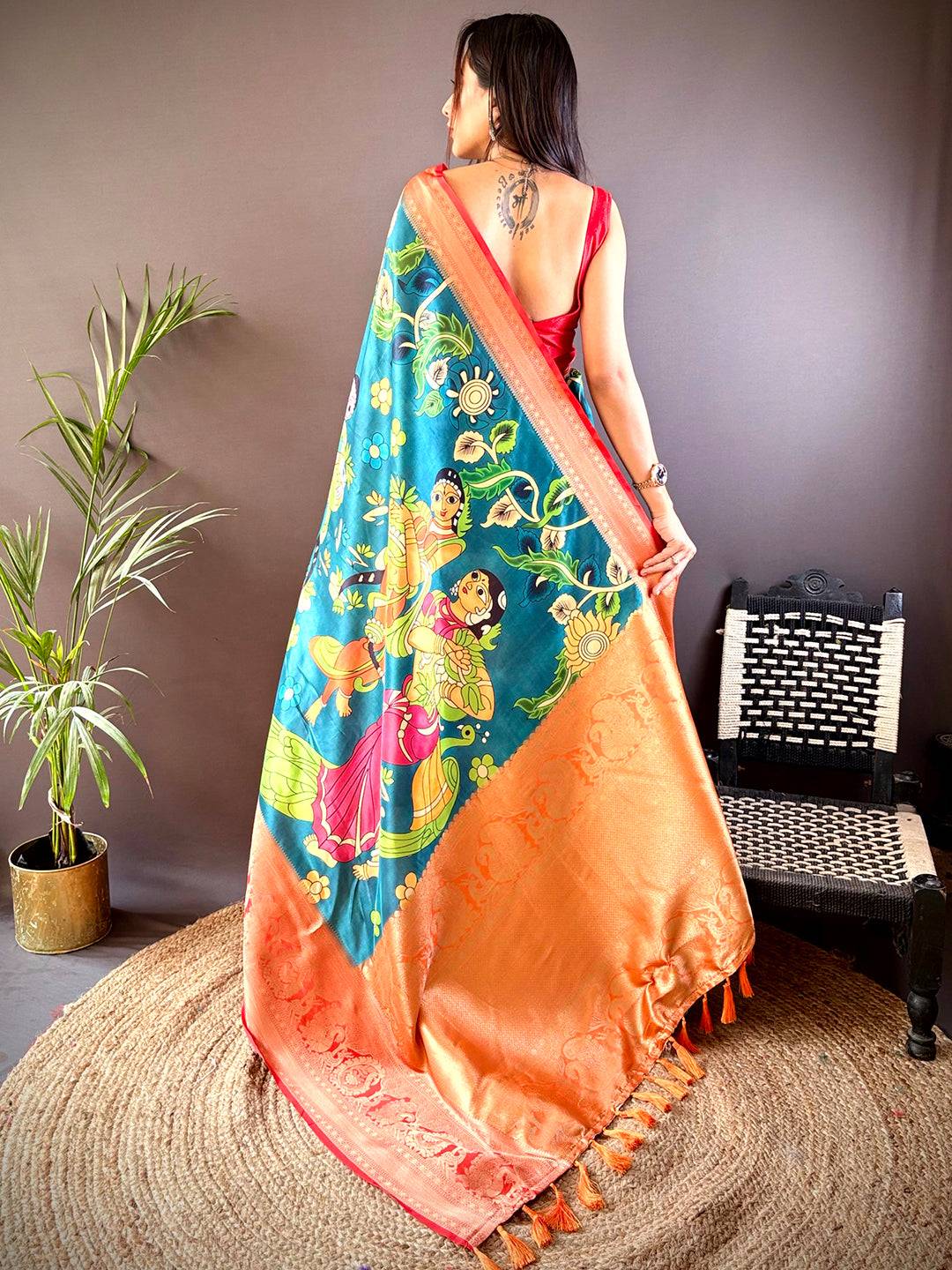 Rama Soft Silk Saree With Pichwai Kalamkari Print by My Store
