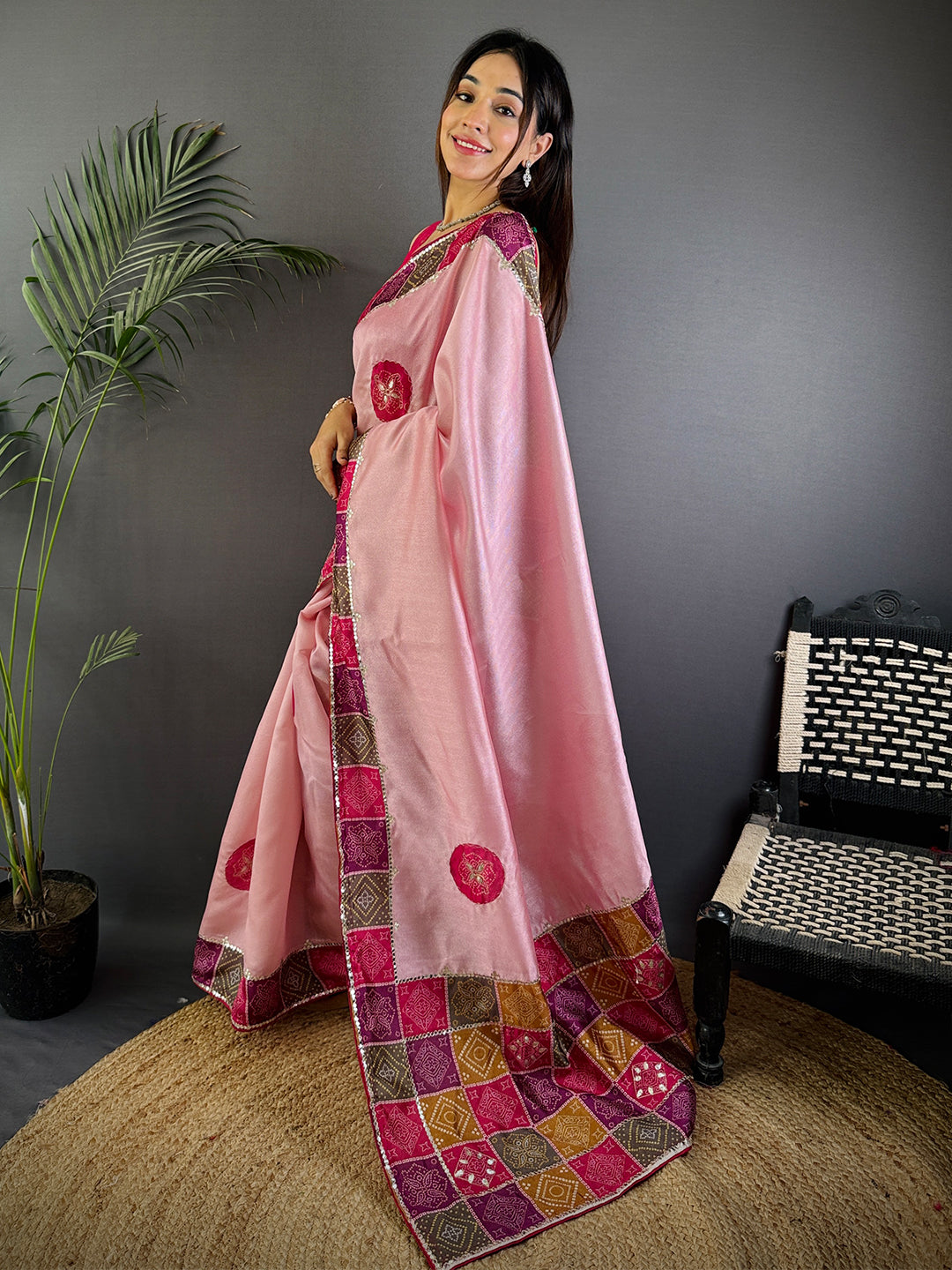 Pink Patch Butta Soft Silk Saree by My Store