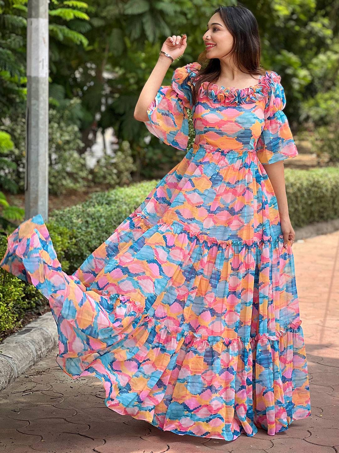 Versatile Print Frill Neck Dress