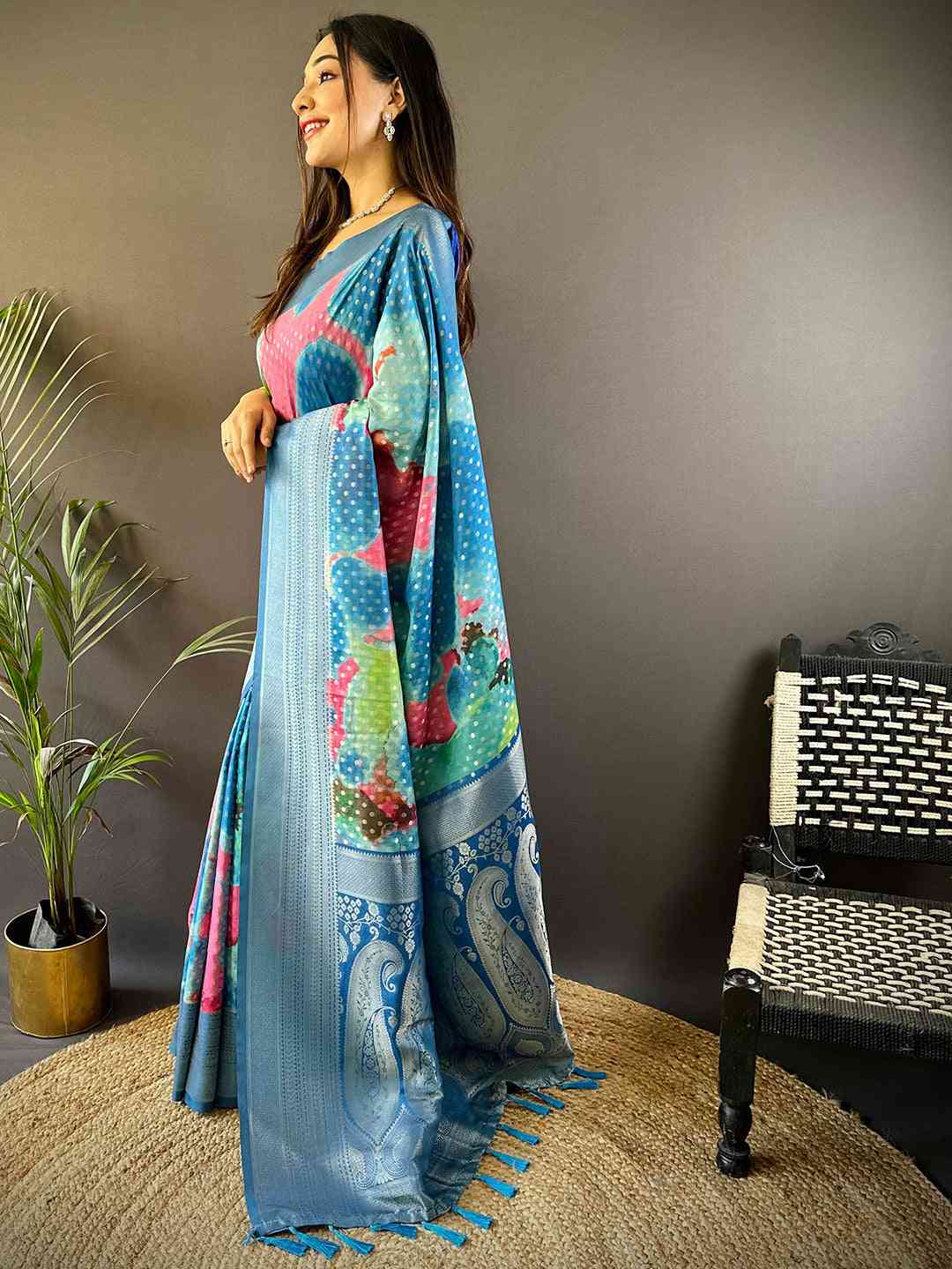 Dark Blue Banarasi Ombre Print Saree by My Store