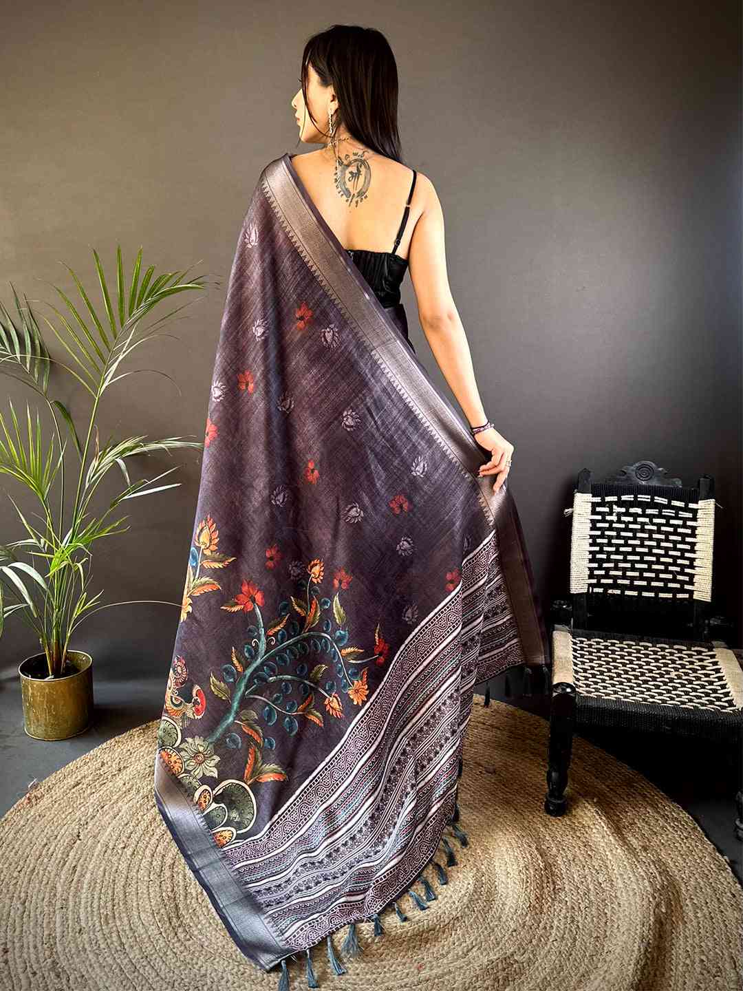 Dark Grey Kota Doriya Zari Weave Digital Print Saree by My Store