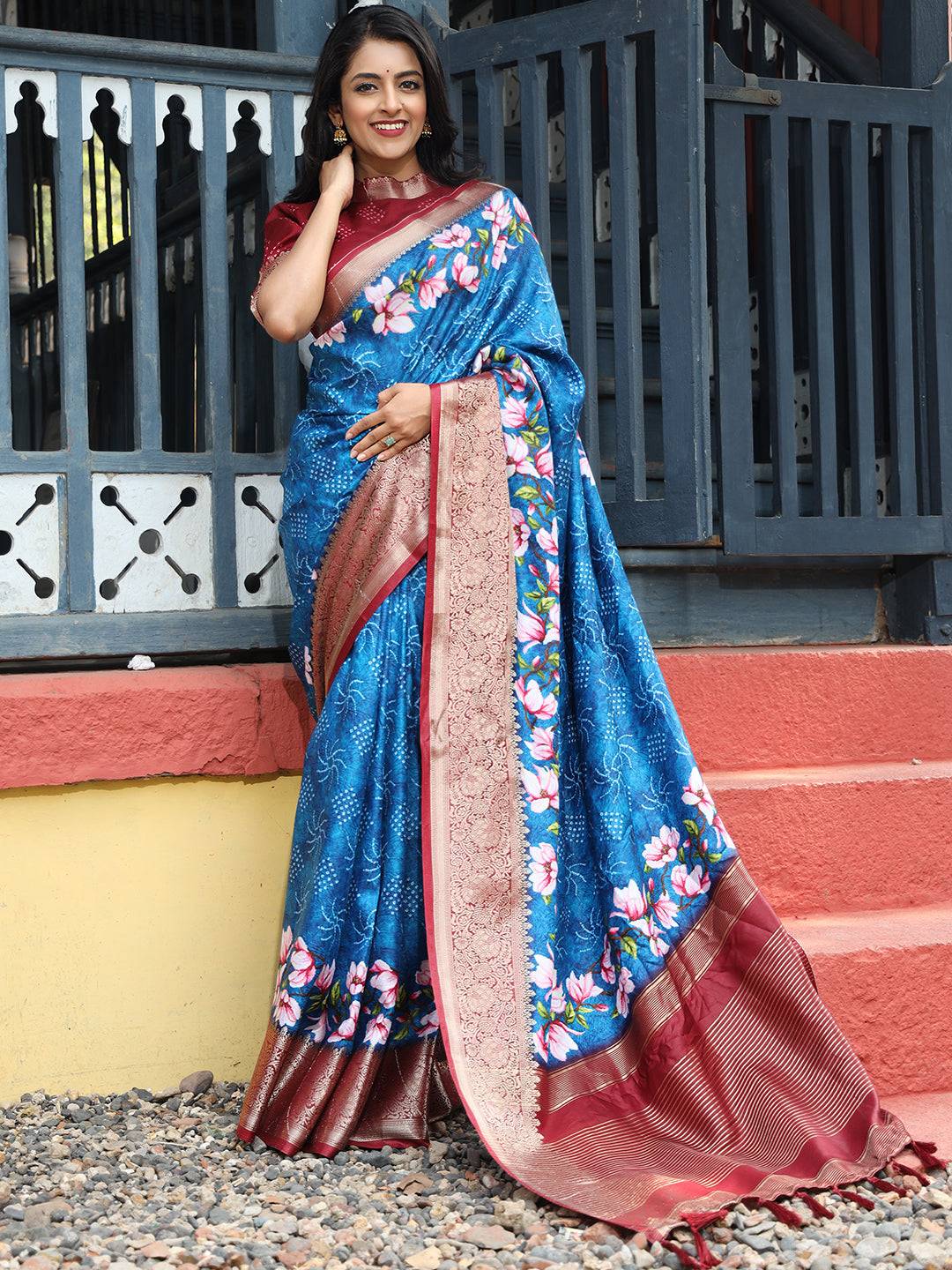 Royal Blue Pure Viscose Dola Silk Saree With Floral Print Border - Luxe by My Store