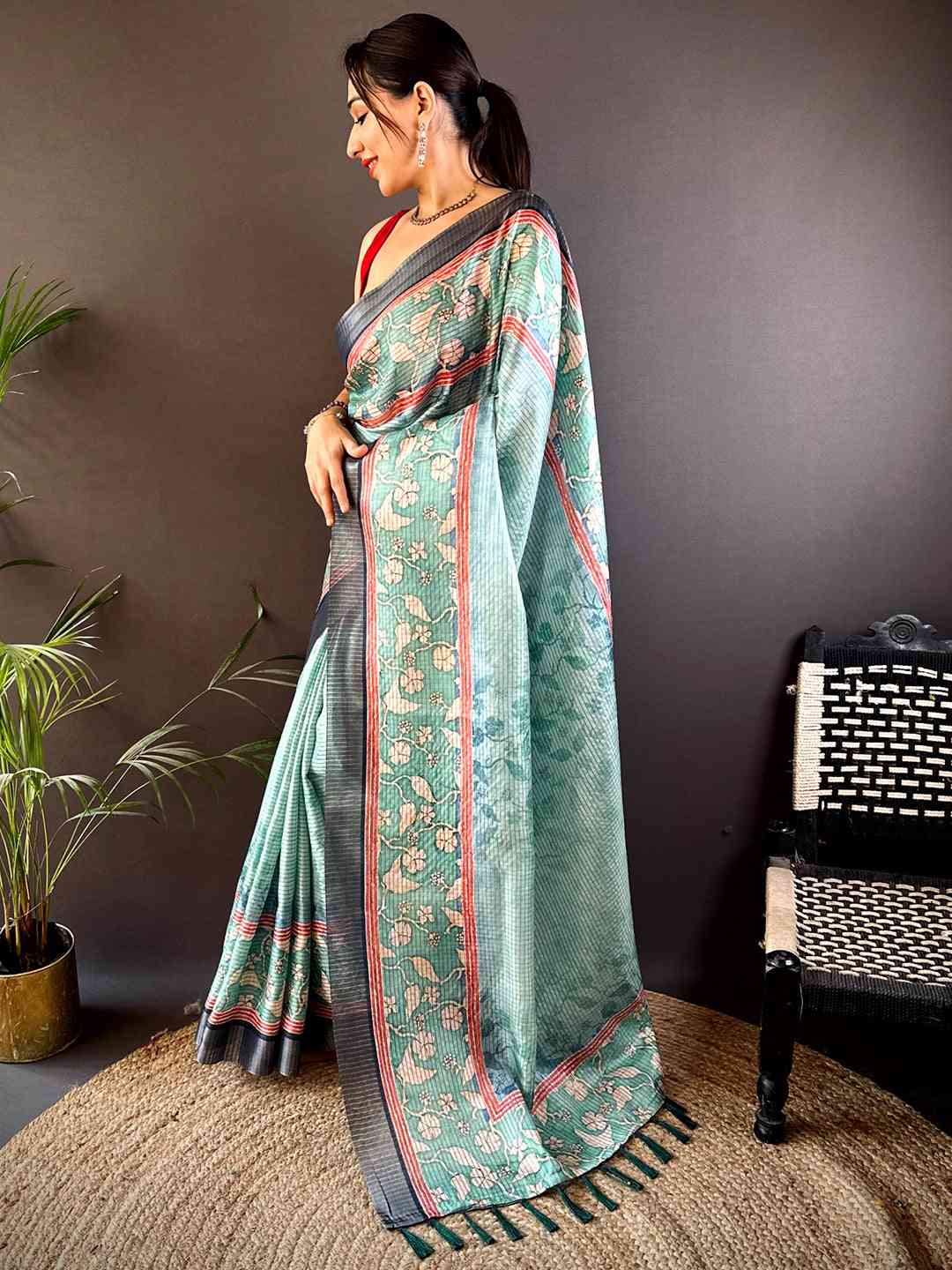 Graceful Green Soft Silk Chex Saree by My Store