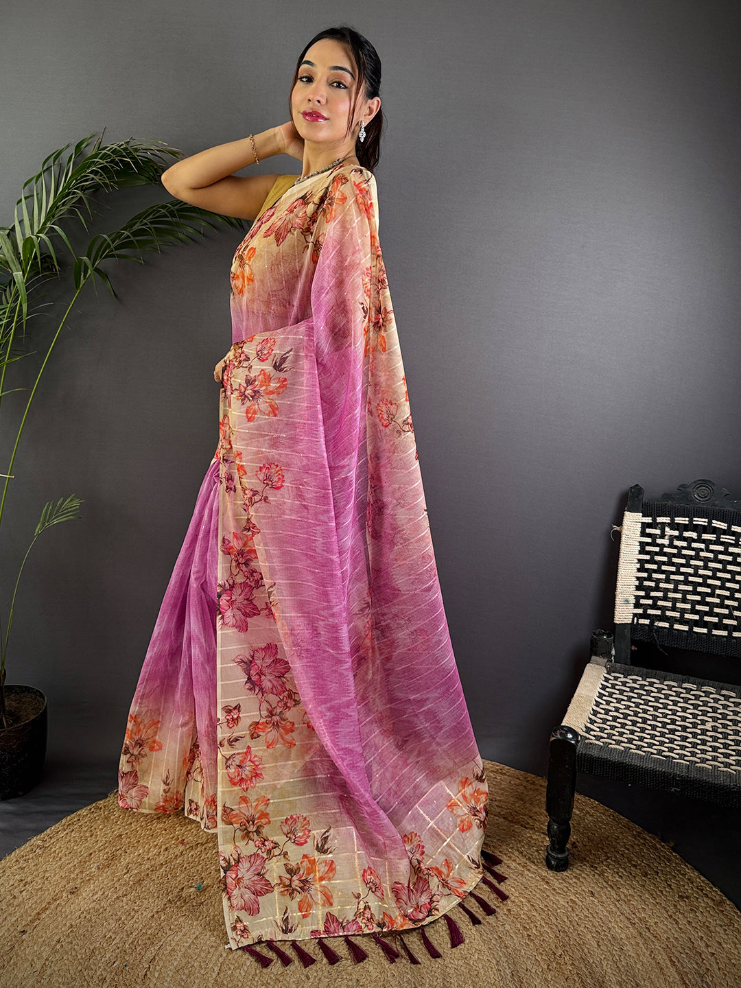 Rose Pink Soft Organza Digital Floral Saree by My Store