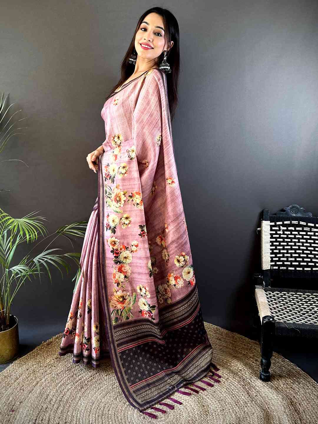 Floral Beauty in Mauve Tussar Zari Saree by My Store