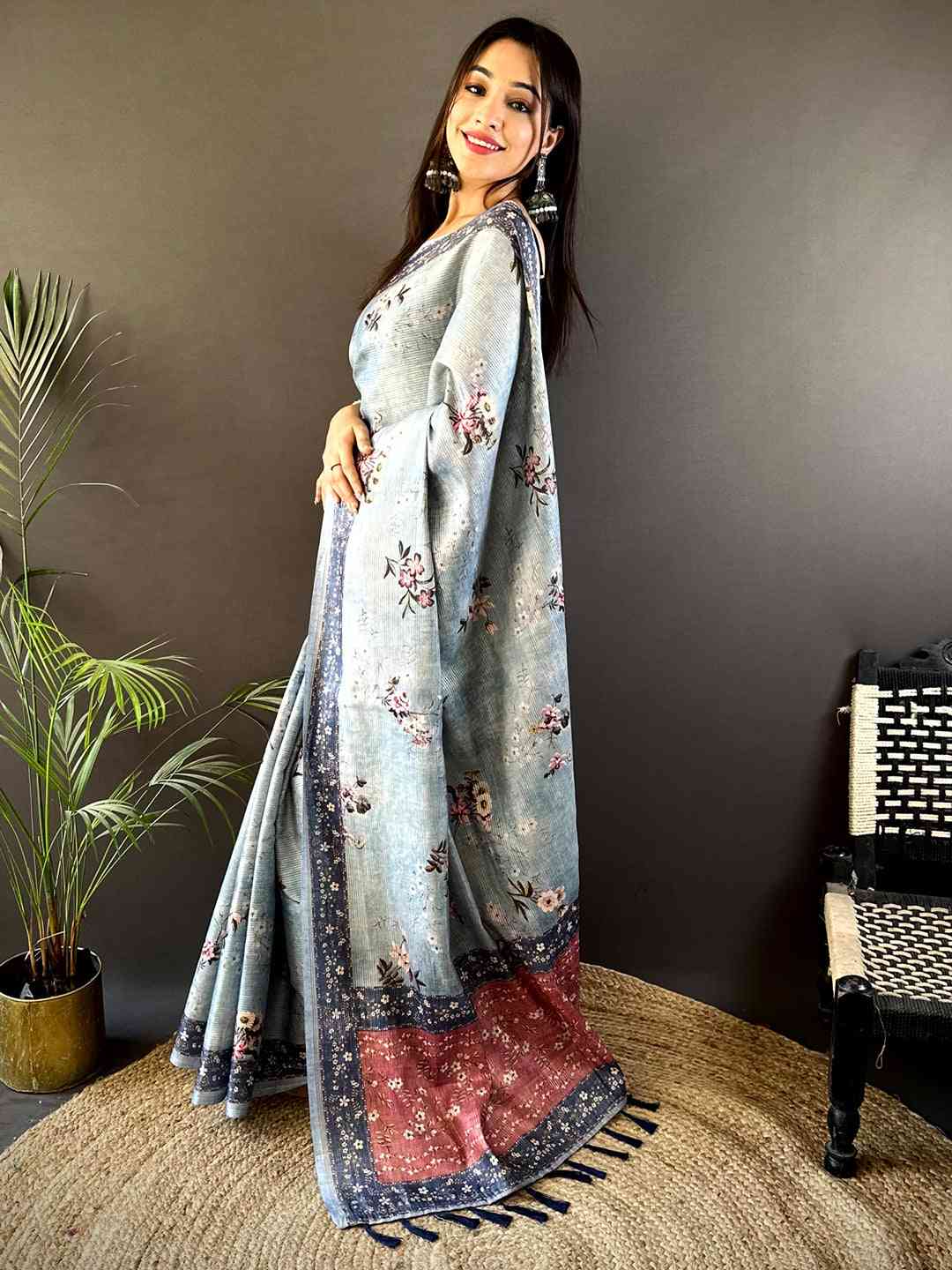 Pastel Blue Zari Tussar Floral Print Saree by My Store