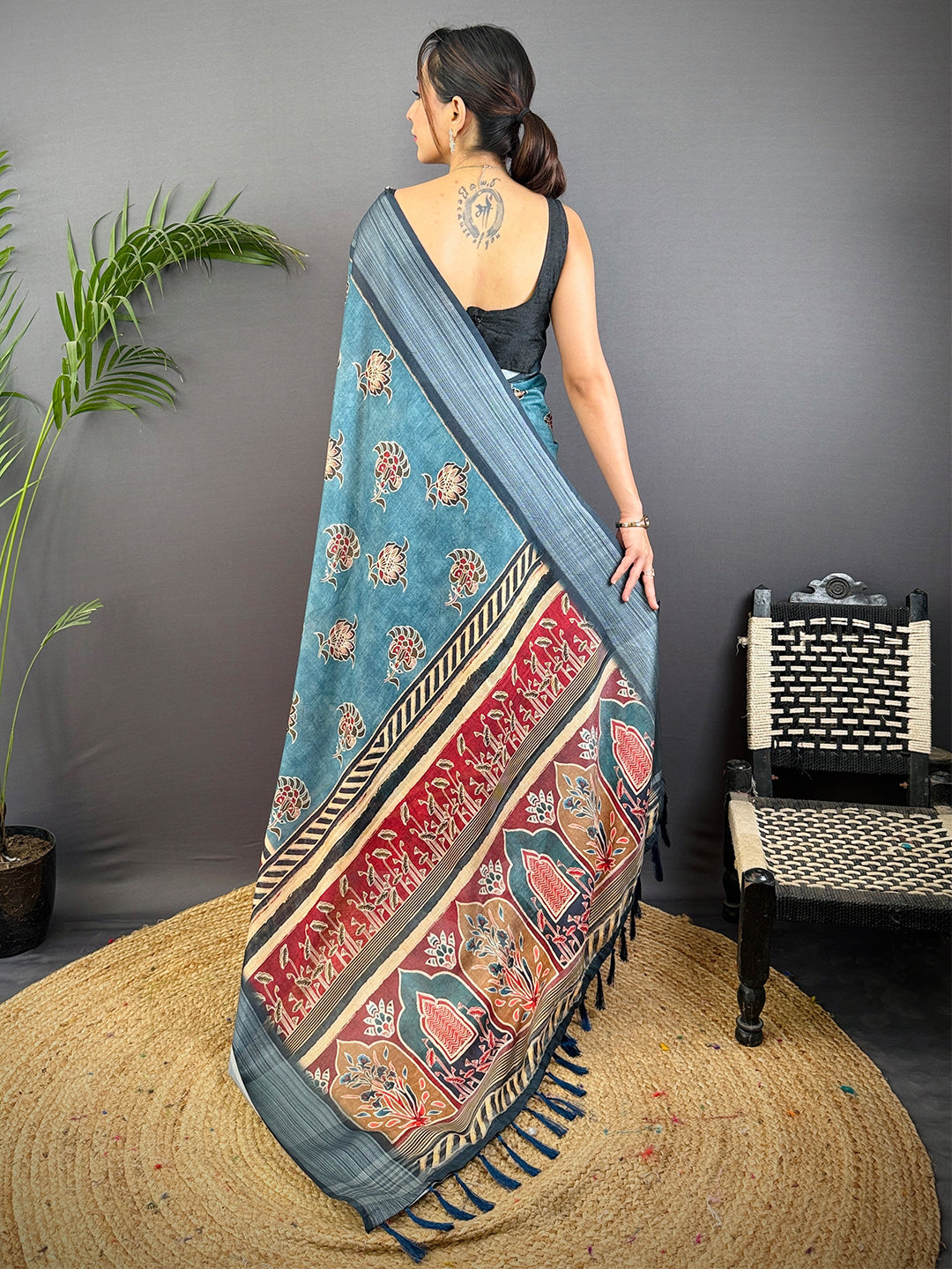 Teal Linen Block Kalamkari Print Saree by My Store