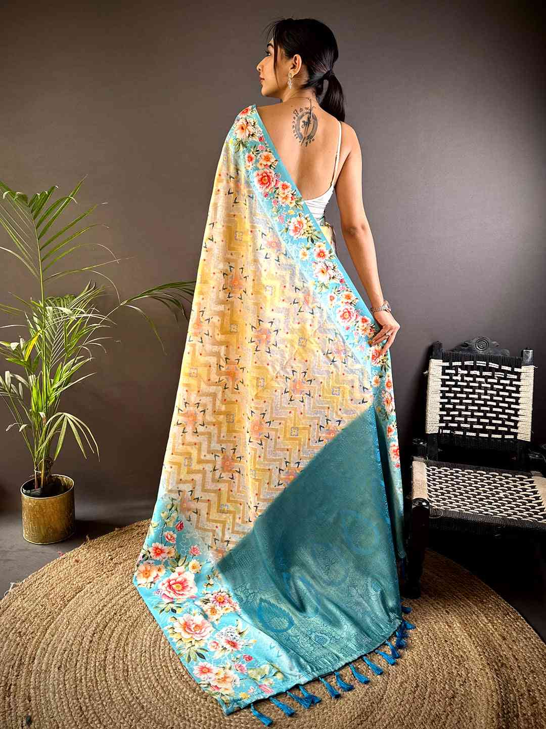 Sky Blue Zari Zigzag Kota Doriya Saree by My Store