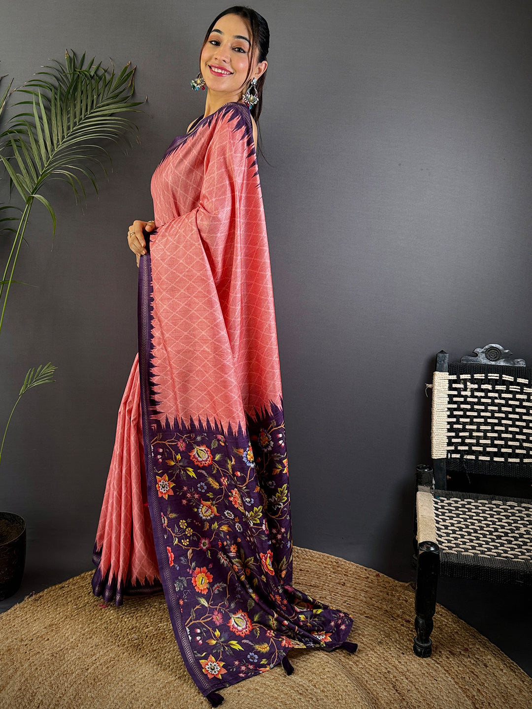 Gajari Tussar Silk Kalamkari Printed Saree by My Store