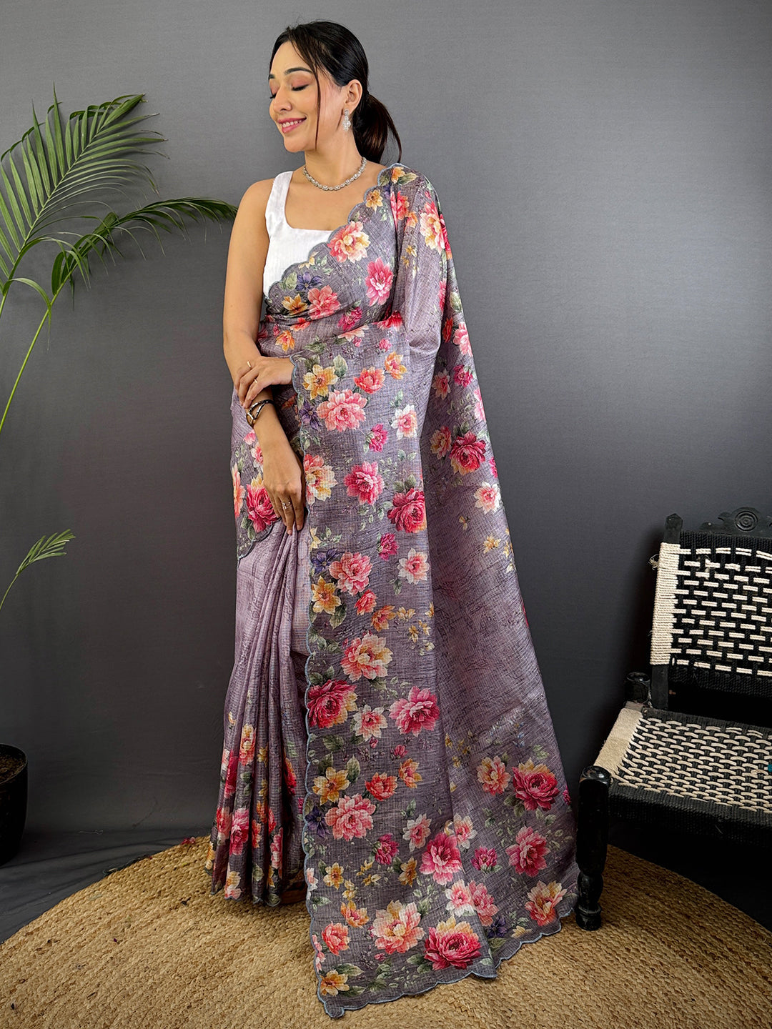 Dusty Lavender Floral Cut Work Kota Saree by My Store
