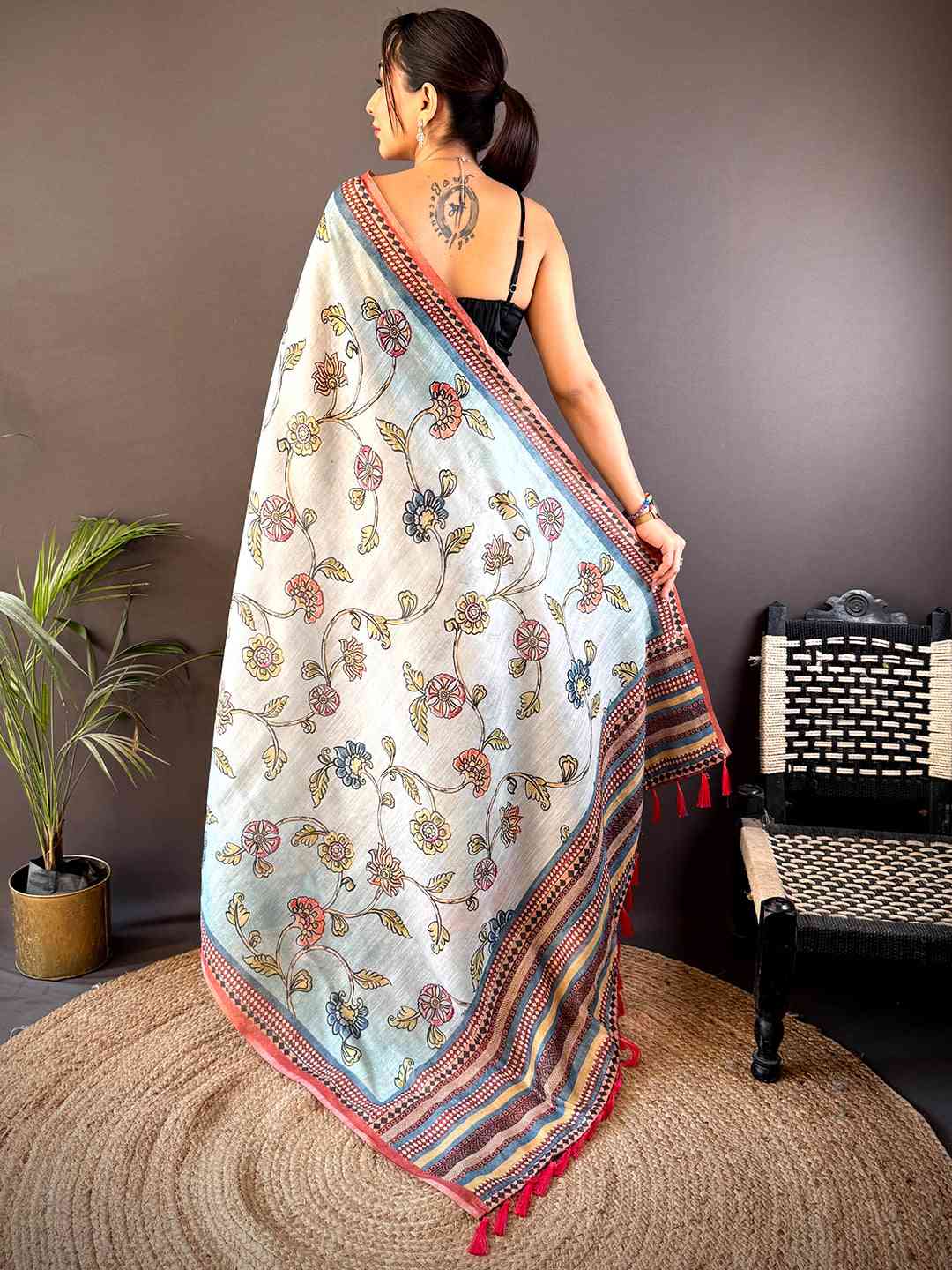 Sky Blue Zari Tussar Floral Saree by My Store