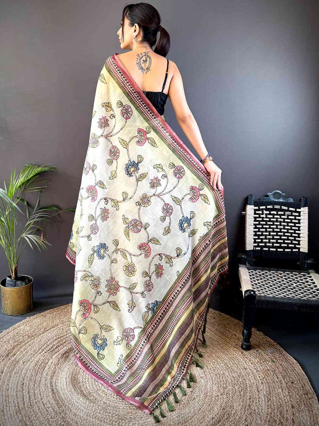 Swamp Green Zari Tussar Floral Saree by My Store