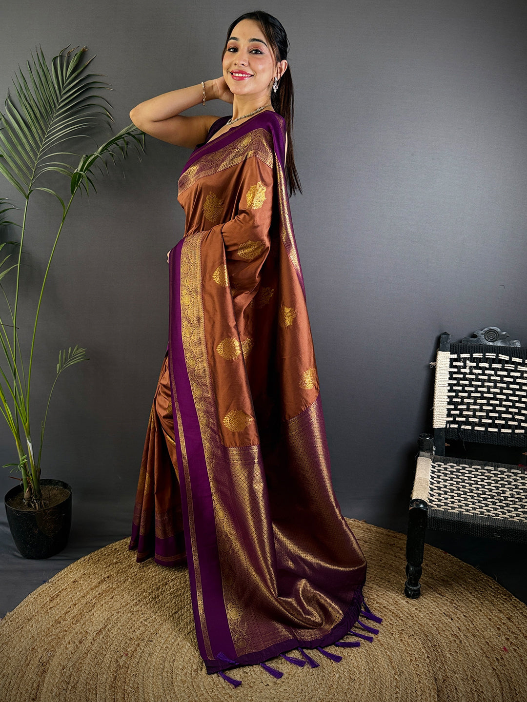 Gold Zari Bantex Border Silk Saree by My Store