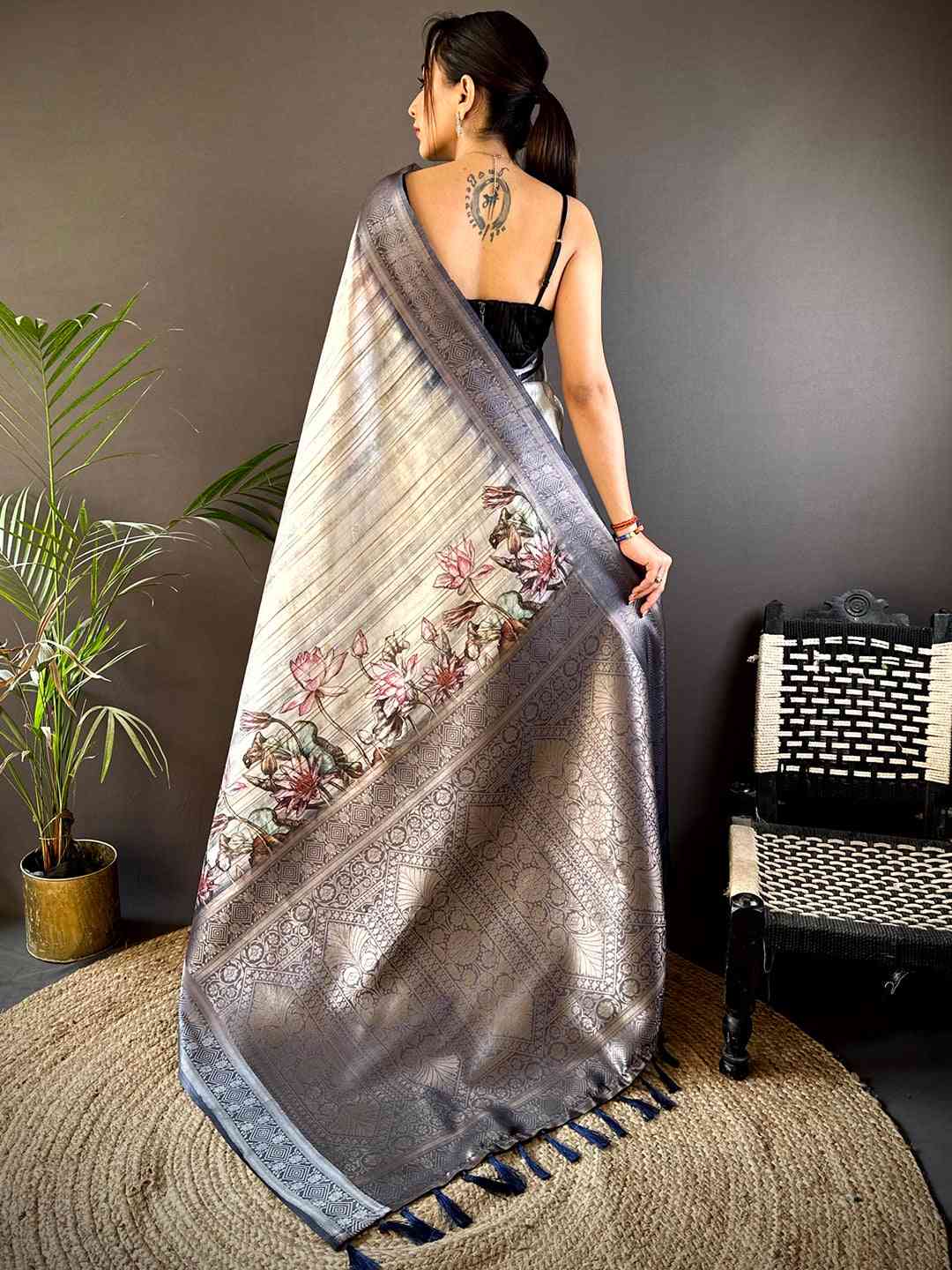 Grey Ghicha Weave Floral Saree by My Store
