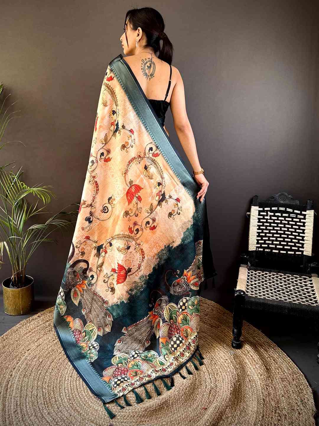 Beige Kota Doriya Zari Weave Digital Print Saree