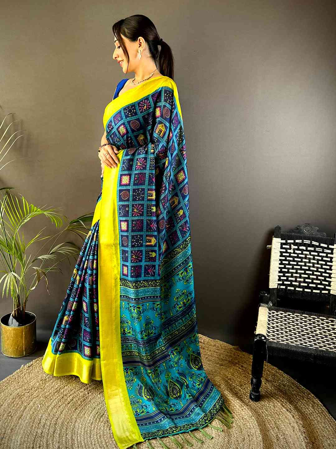 Navy Soft Silk Kalamkari Check Floral Print Saree by My Store