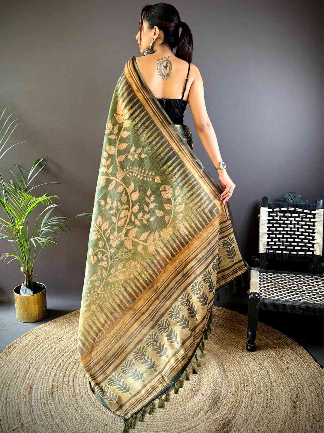 Olive Green Floral Stripes Tissue Saree by My Store