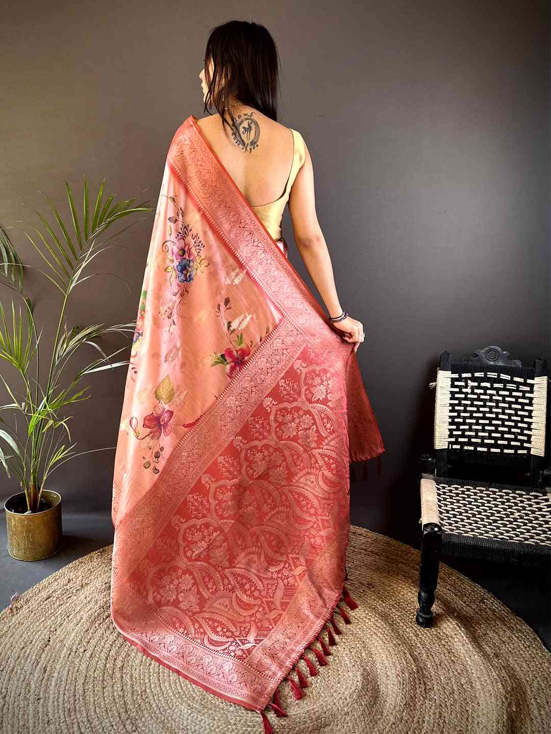 Coral Bamboo Silk Floral Saree by My Store