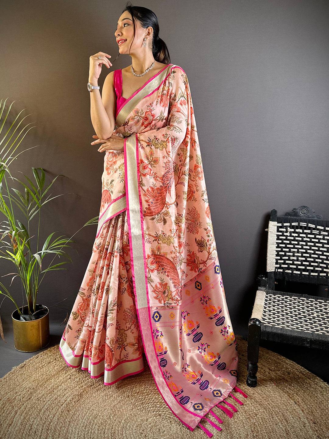 Peach Radiance Phulkari Silk Saree by My Store
