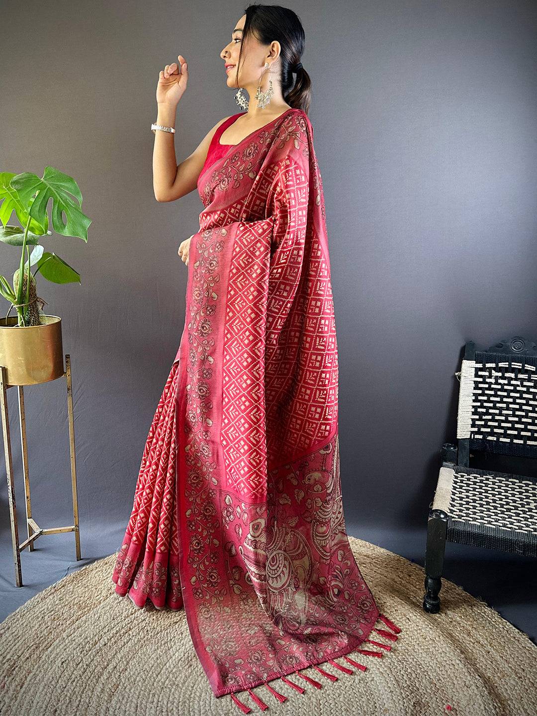 Red Patola Kalamkari Saree by My Store