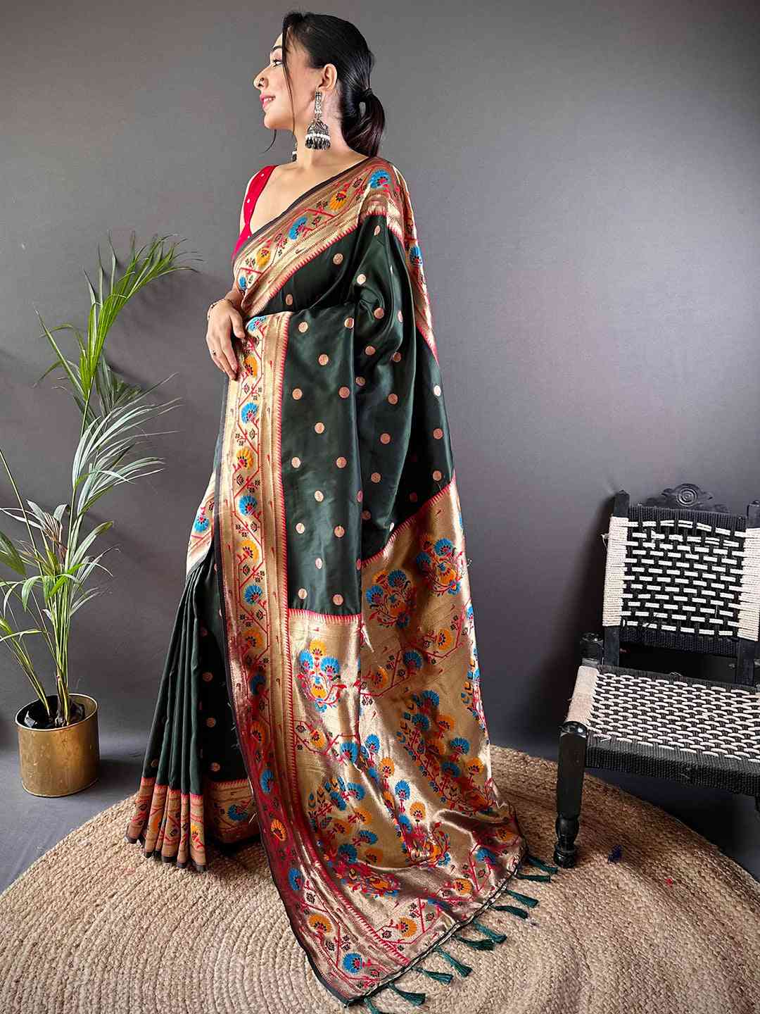 Dark Green Colour Yevla Paithani Soft Silk Saree by My Store