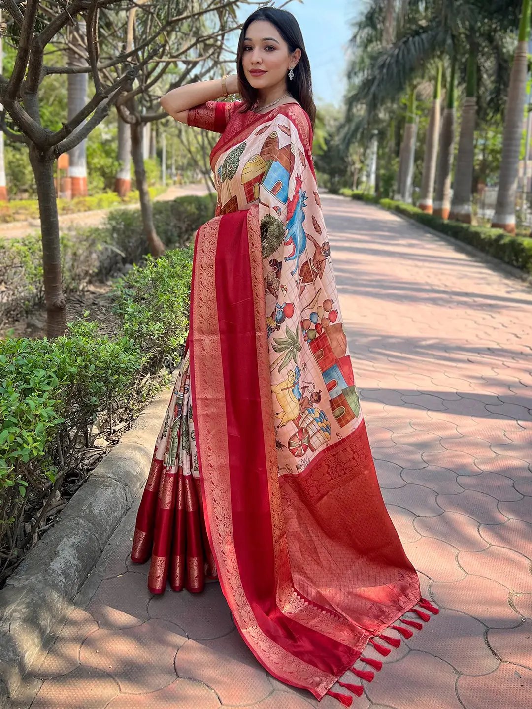 Peach Colour Double Border Chex Weaving Banarasi Soft Silk Saree by My Store