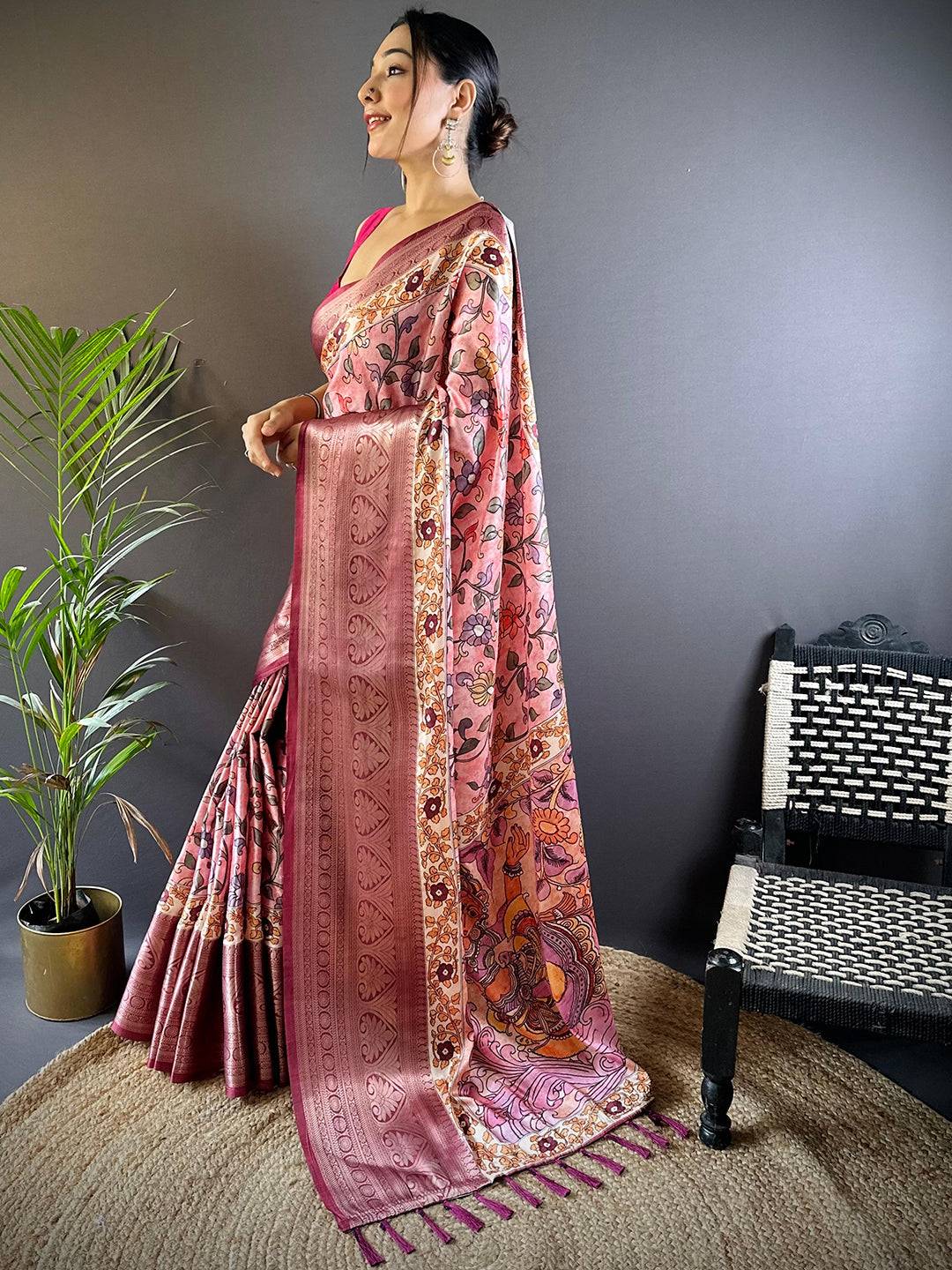 Rose Pink Floral Kalamkari Print Saree by My Store