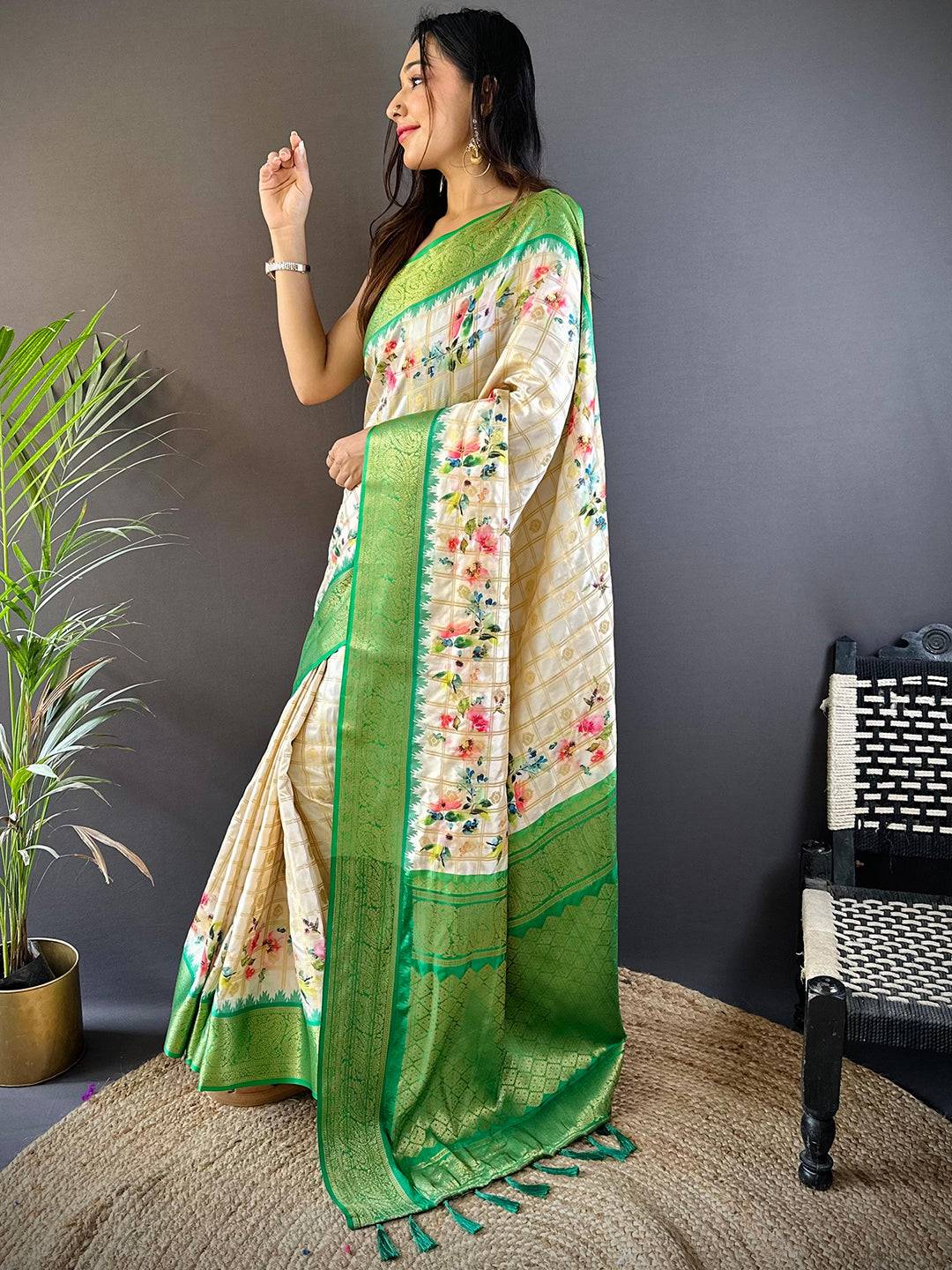 Green Kovai Rettapet Border Digital Print Saree by My Store