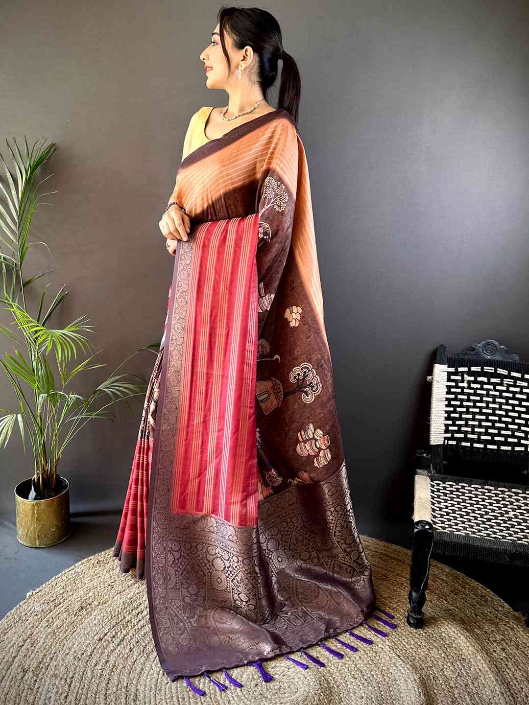 Brown Soft Crep Silk Ombre Print Saree by My Store
