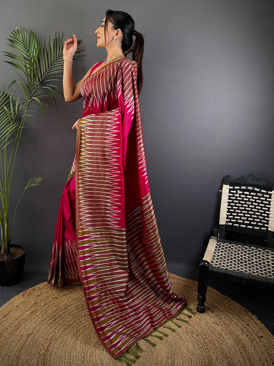 Peach Soft Silk Ikkat Zari Weaving Saree by My Store