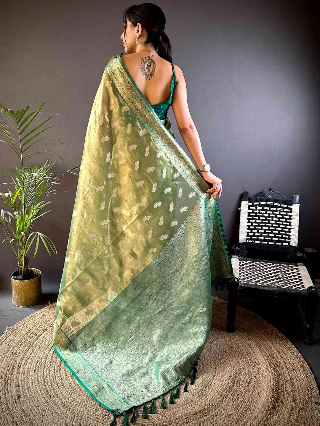 Serene Forest Green Kora Tissue Saree by My Store