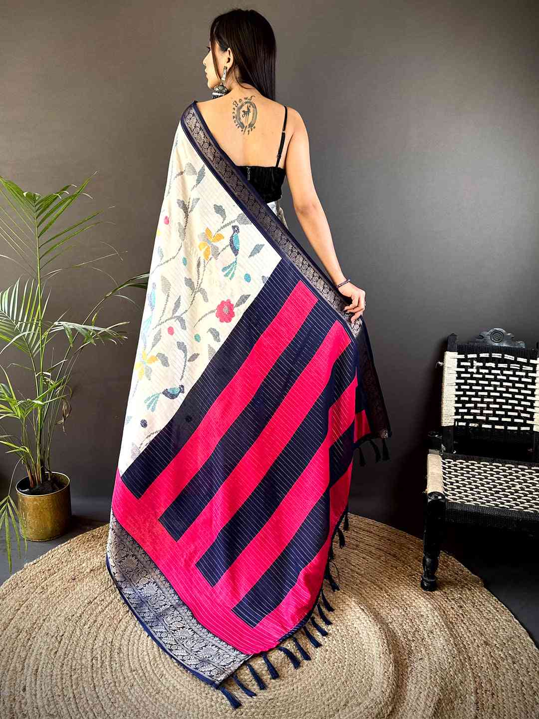 Navy Dola Silk Bird Print Saree by My Store