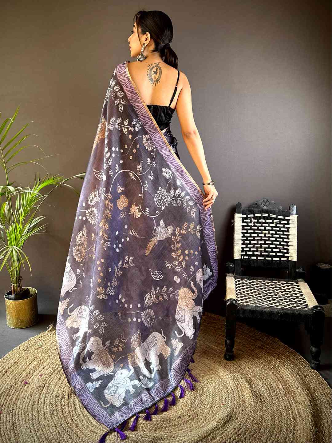 Purple Kalamkari Block Print Chanderi Saree by My Store