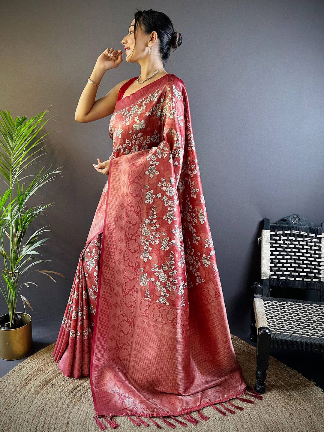 Rose Red Digital Print Silk Saree by My Store