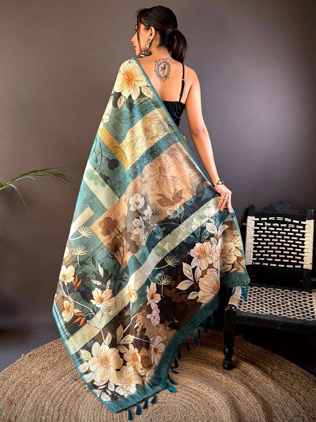 Teal Blue Semi-Gold Zari Abstract Tussar Saree by My Store