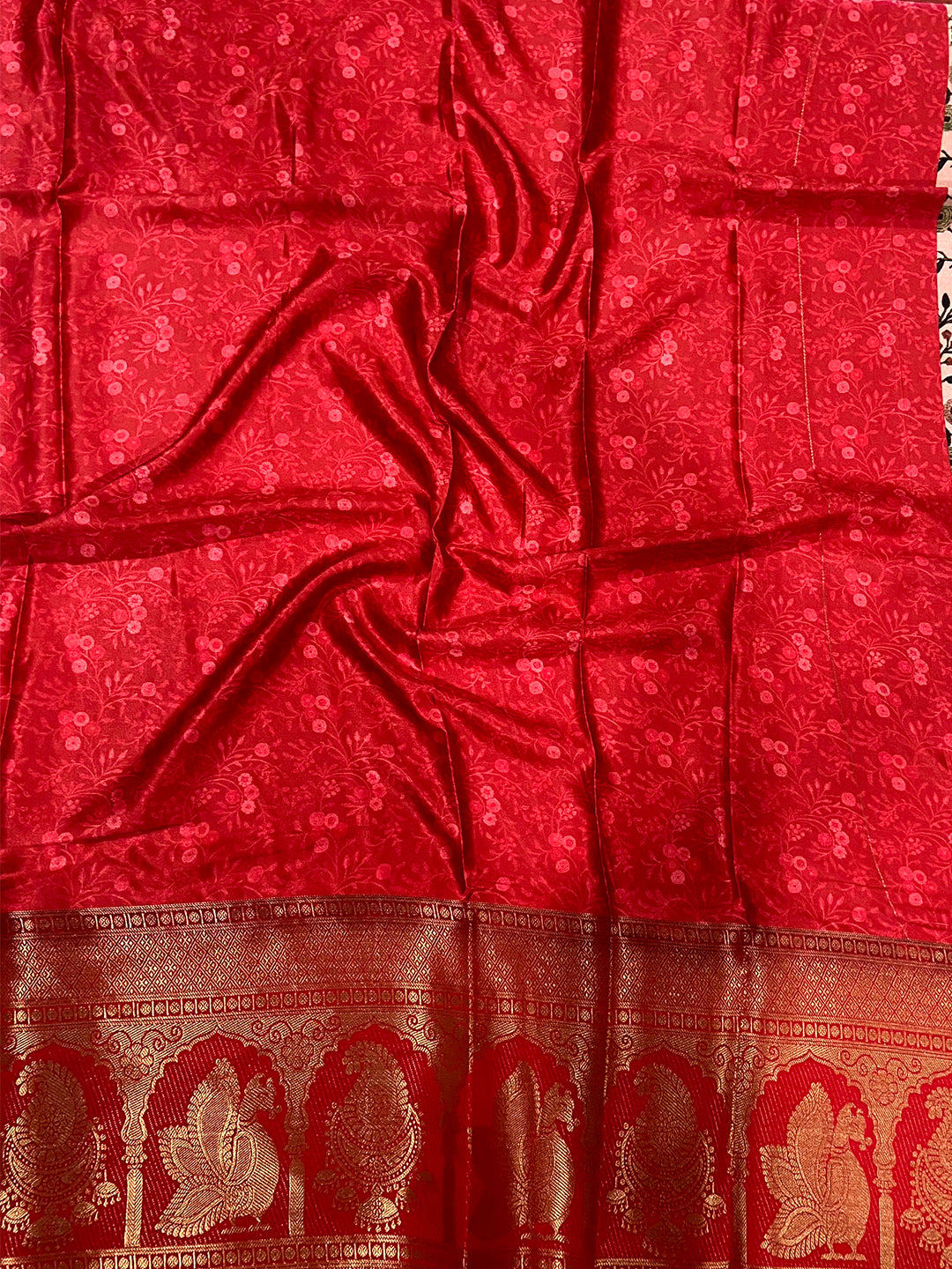 Radiant Soft Cherry Satin Kalamkari Print Saree by My Store