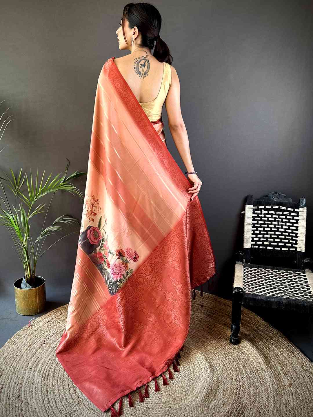 Peach Kalamkari Ombre Crepe Silk Saree by My Store