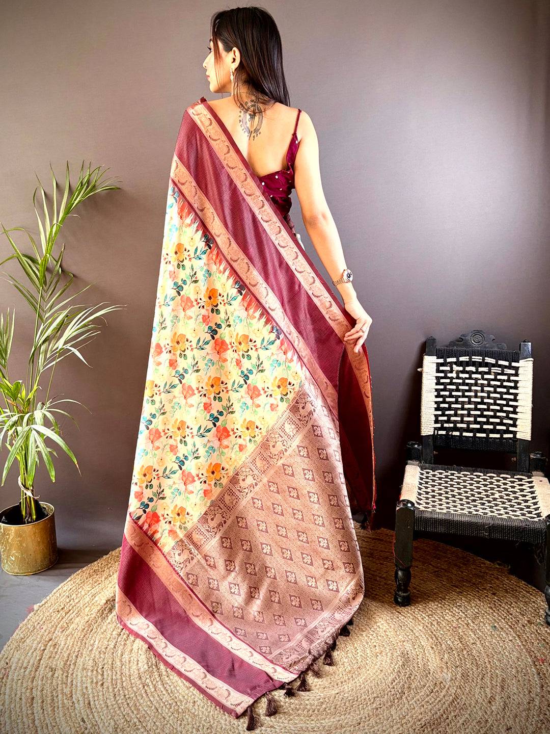 Rich Maroon Banarasi Soft Silk Saree by My Store