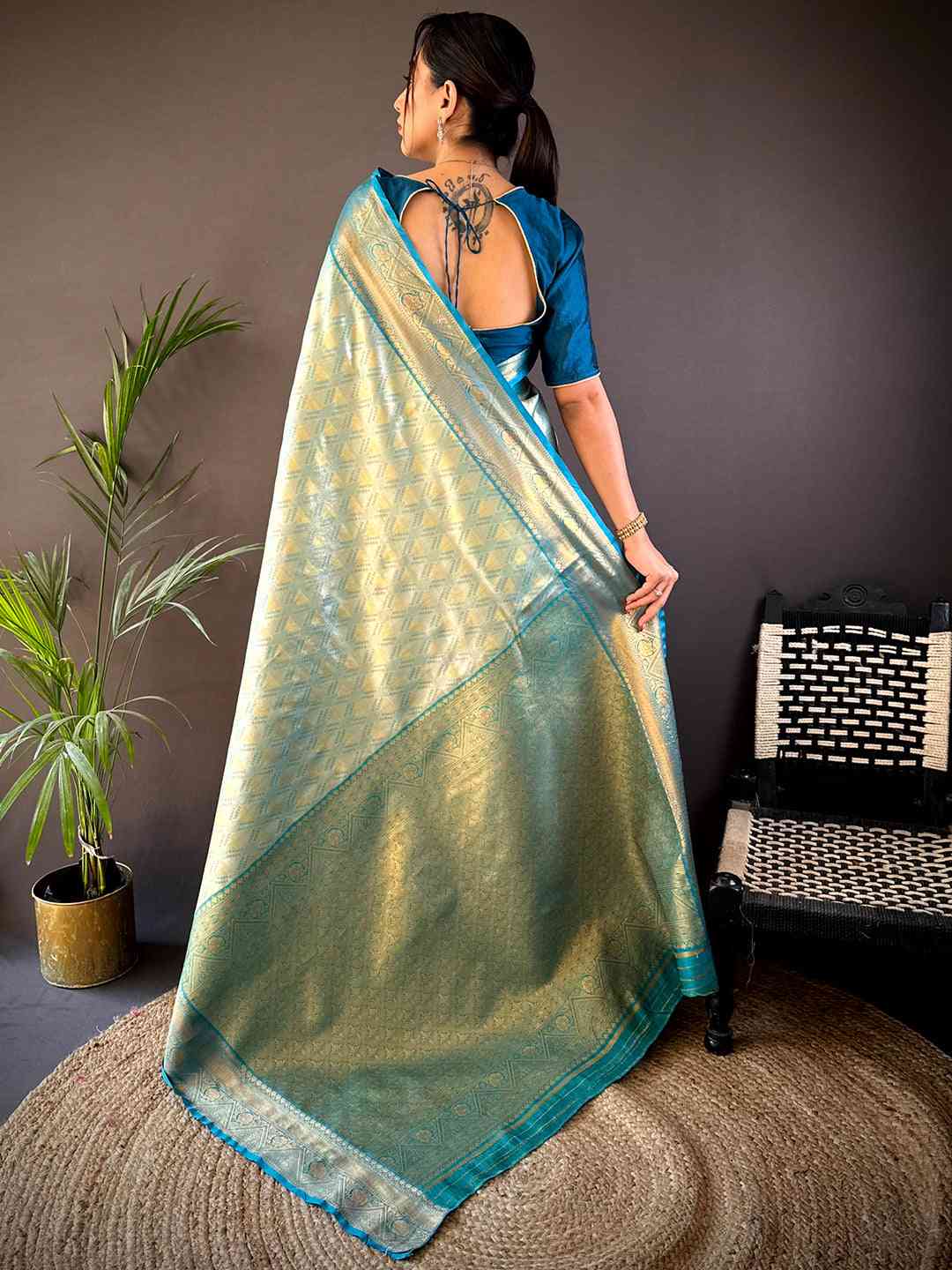 Rama Golden Geometrics With Floral Elegance Saree by My Store